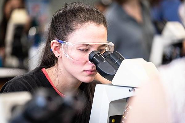 Student looking through microscope 